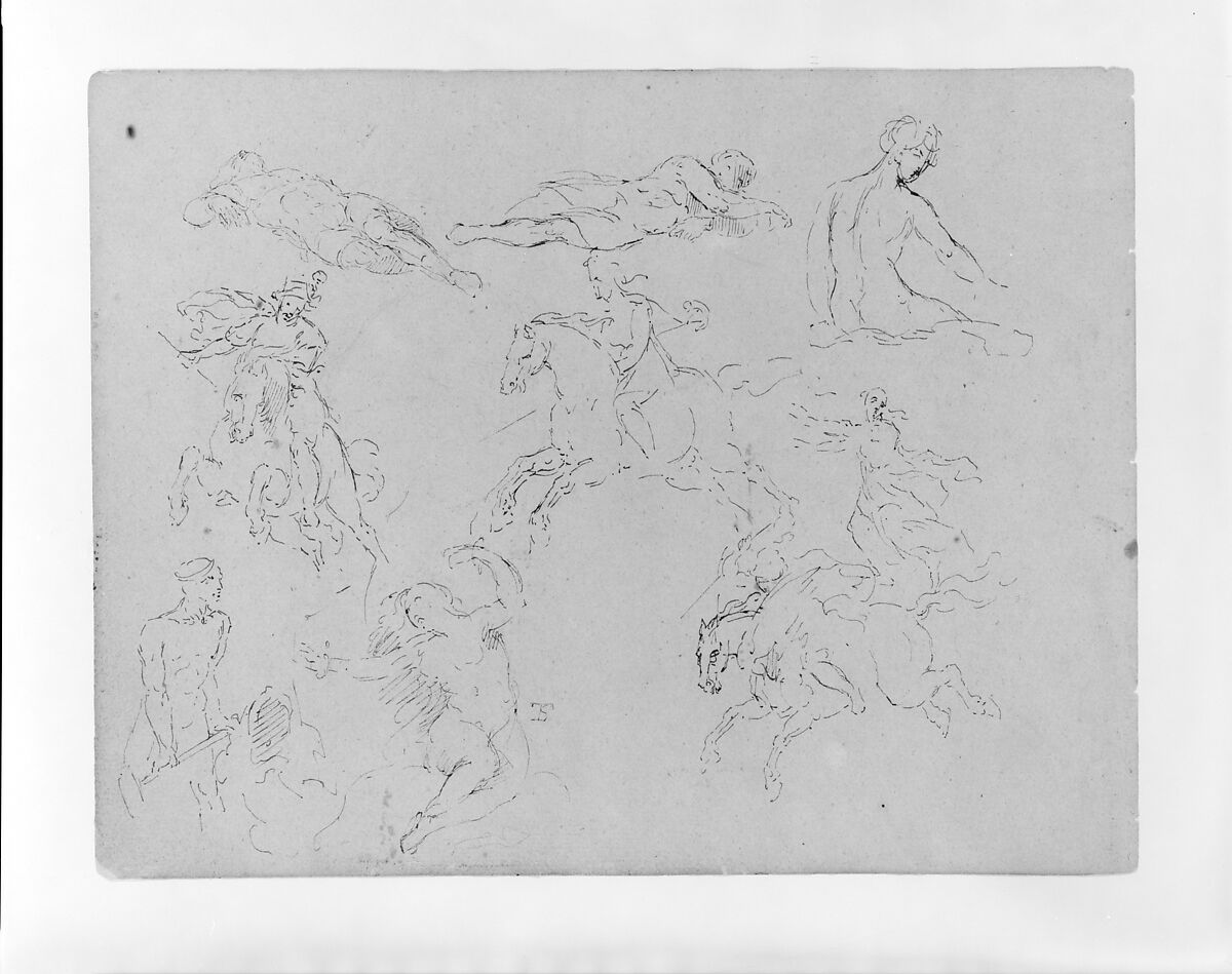 Nine Figure Sketches, Including Three Galloping Equestrains (from Sketchbook), Thomas Sully (American, Horncastle, Lincolnshire 1783–1872 Philadelphia, Pennsylvania), Ink, wash, on paper, American 