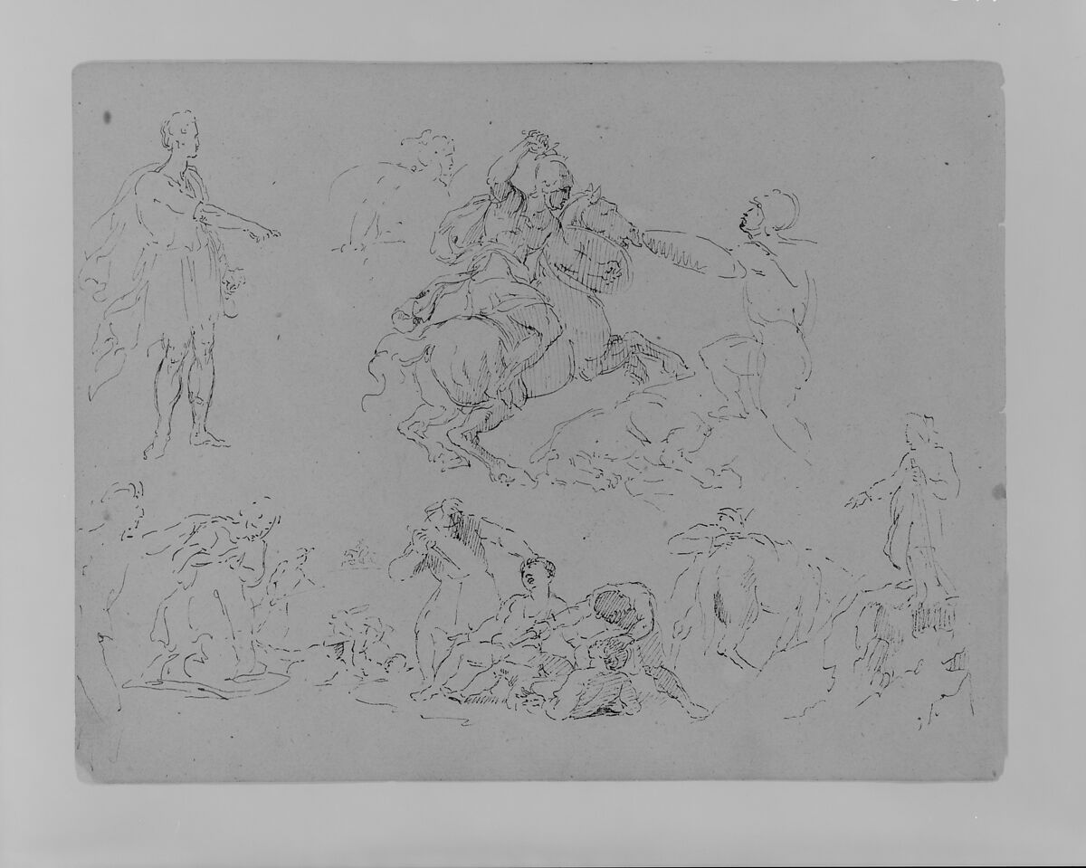 Figure Sketches, Including Battling Equestrain, Roman Caesar Type Pointing, Bloody Brawl, Etc. (from Sketchbook), Thomas Sully (American, Horncastle, Lincolnshire 1783–1872 Philadelphia, Pennsylvania), Ink, wash, on paper, American 