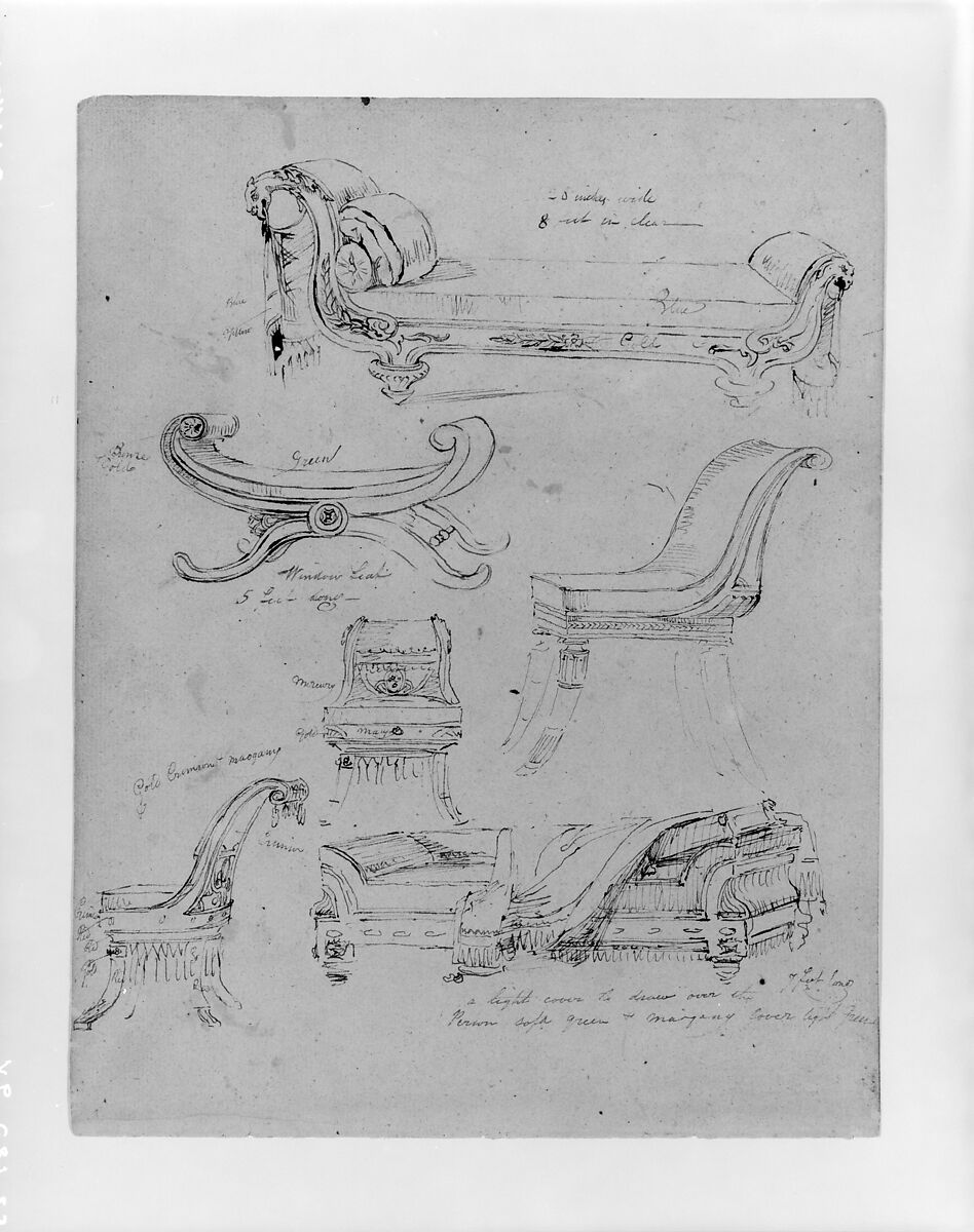 Sketches of Empire-Style Lounges and Chairs, Window Seat (from Sketchbook), Thomas Sully (American, Horncastle, Lincolnshire 1783–1872 Philadelphia, Pennsylvania), Ink, wash, on paper, American 