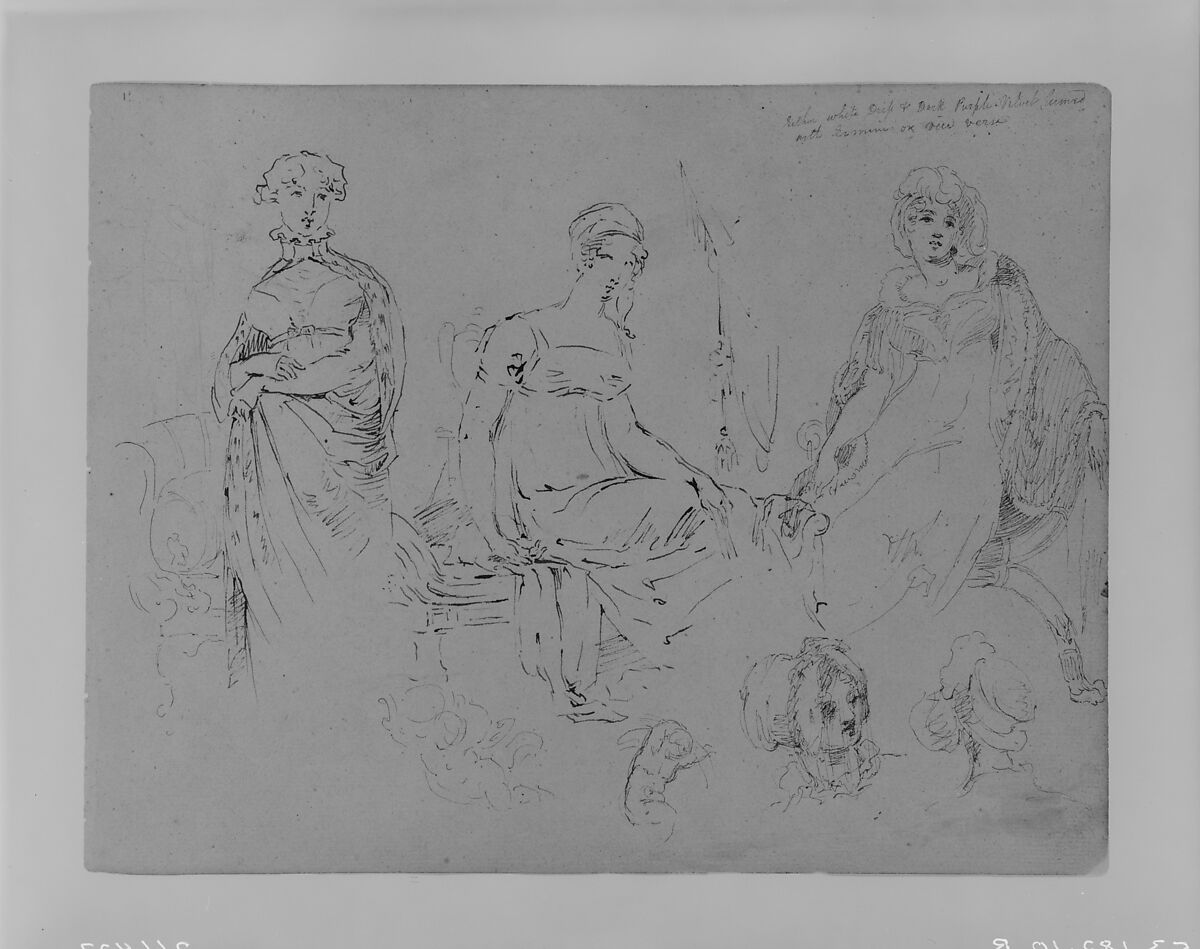 One Standing Woman; Two Seated Women in Fashionable Attire, All 3/4 Length; Two Female Heads in Bonnets (from Sketchbook), Thomas Sully (American, Horncastle, Lincolnshire 1783–1872 Philadelphia, Pennsylvania), Ink, wash, on paper, American 