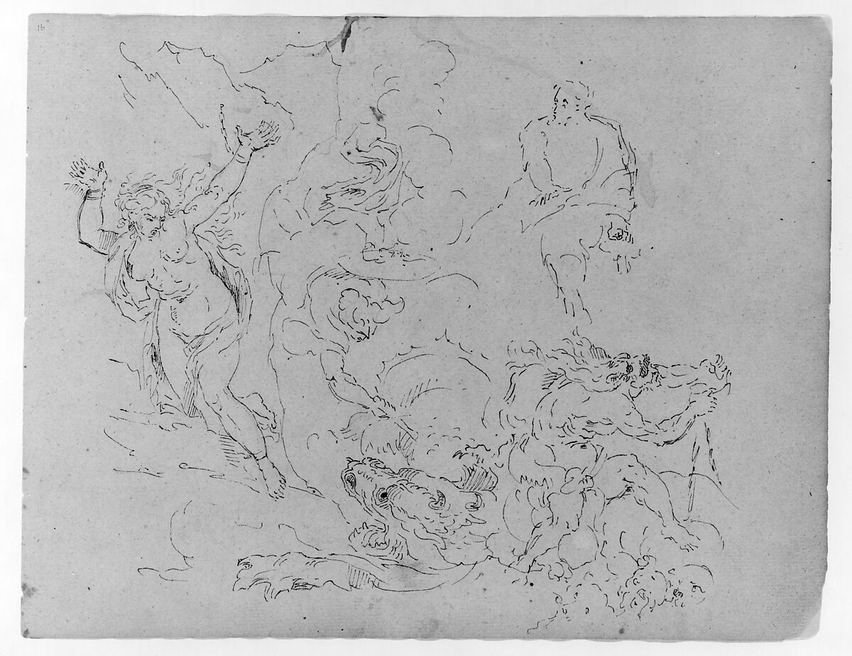 Perseus and Andromeda (after the Titian?); Hercules Wrestling Nemion Lion (from Sketchbook), Thomas Sully (American, Horncastle, Lincolnshire 1783–1872 Philadelphia, Pennsylvania), Ink, wash, on paper, American 