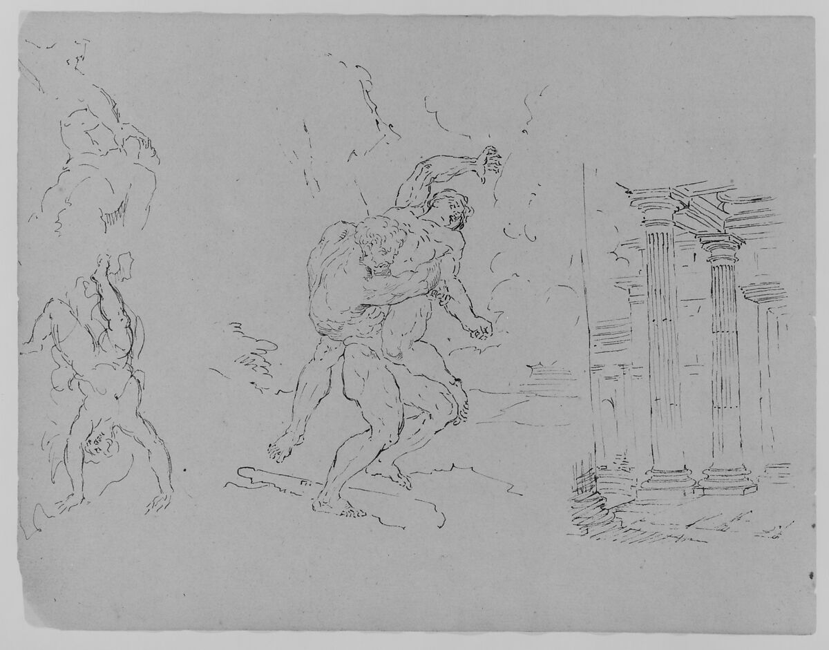 Hercules and Antoneus; Fall of Phaetor (Icarus?); Classical Architecture; Sacrifice of Isaac [?] (after Rembrandt?) (from Sketchbook), Thomas Sully (American, Horncastle, Lincolnshire 1783–1872 Philadelphia, Pennsylvania), Ink, wash, on paper, American 