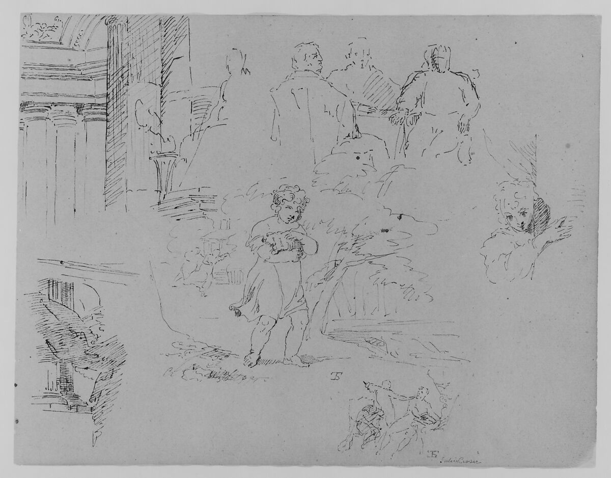 Two Architectural Sketches; Three Men Seated at Table; Child Holding Pet in Landscape; Figure Appearing Behind Corner; Scene from Julius Ceasar (from Sketchbook), Thomas Sully (American, Horncastle, Lincolnshire 1783–1872 Philadelphia, Pennsylvania), Ink, wash, on paper, American 