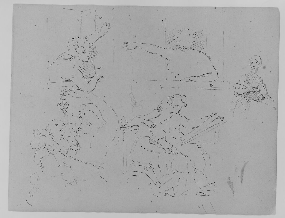Two Sketches of Females Looking out of a Window; Seated Female; Mother Playing with Child; Seated Male and Female Looking at a Book (from Sketchbook), Thomas Sully (American, Horncastle, Lincolnshire 1783–1872 Philadelphia, Pennsylvania), Ink, wash, on paper, American 