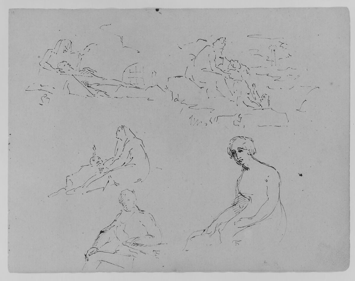 Lamentation (?); Mother and Child in Landscape; Penitent Magdalene; Seated Male at Table; Seated Female Holding a Letter (Batsheba, after Rembrandt) (from Sketchbook), Thomas Sully (American, Horncastle, Lincolnshire 1783–1872 Philadelphia, Pennsylvania), Ink, wash, on paper, American 