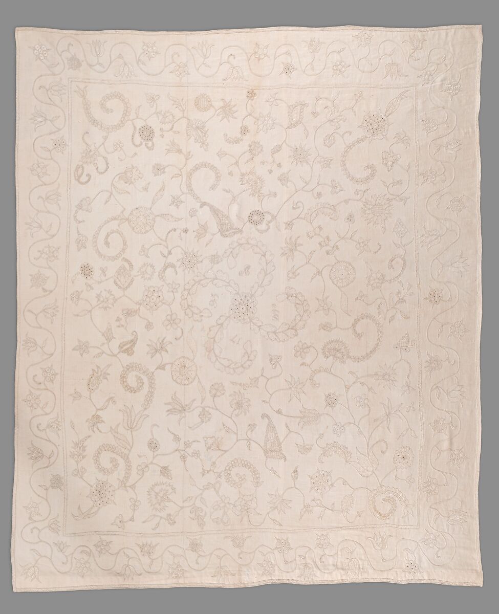 Embroidered coverlet, Linen embroidered on linen, American or British 