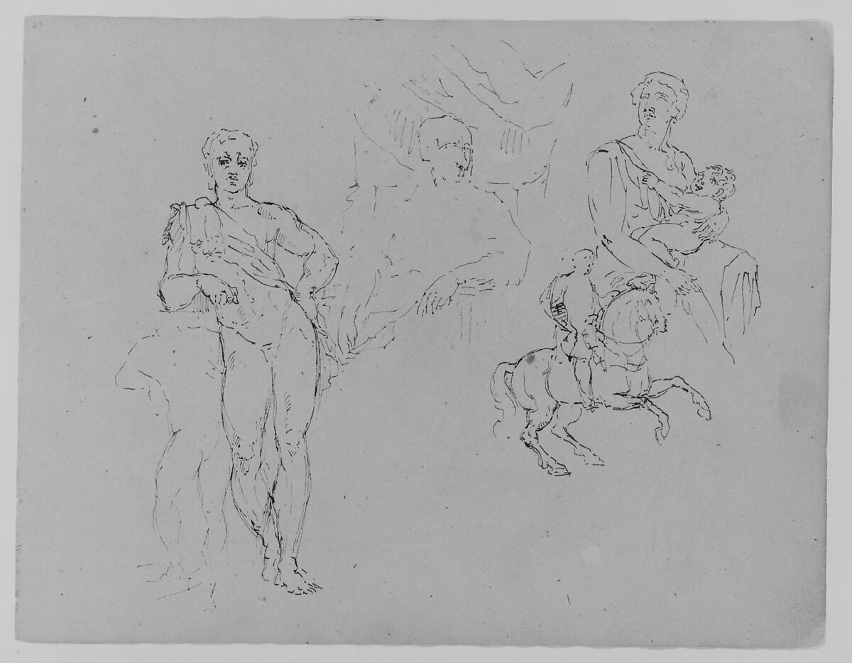 Unfinished Standing Classical Male Nude; Cardinal Bentivoglio after Van Dyke; Mother and Child; Equestrian Figure (from Sketchbook), Thomas Sully (American, Horncastle, Lincolnshire 1783–1872 Philadelphia, Pennsylvania), Ink, wash, on paper, American 