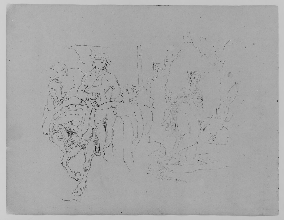Man on Horseback with Standing Figure; Female in a Landscape (from Sketchbook), Thomas Sully (American, Horncastle, Lincolnshire 1783–1872 Philadelphia, Pennsylvania), Ink, wash, on paper, American 