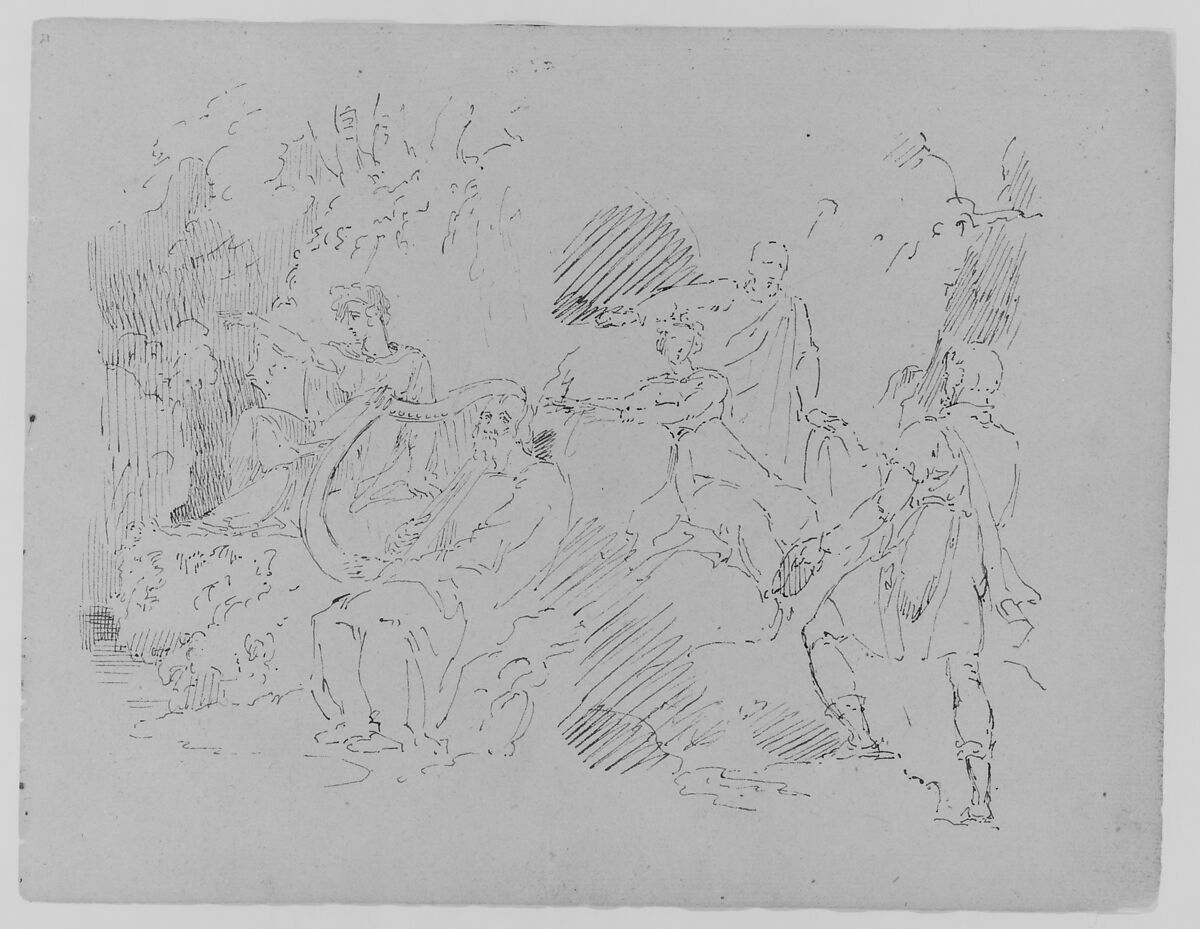 Composition with Five Figures in Natural Setting, Two Male, Three Female, with a Lyre (Ponnassus?) (from Sketchbook), Thomas Sully (American, Horncastle, Lincolnshire 1783–1872 Philadelphia, Pennsylvania), Ink, wash, on paper, American 