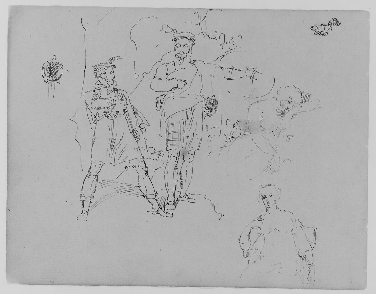 Composition with Two Highlanders (from Sketchbook), Thomas Sully (American, Horncastle, Lincolnshire 1783–1872 Philadelphia, Pennsylvania), Ink, wash, on paper, American 