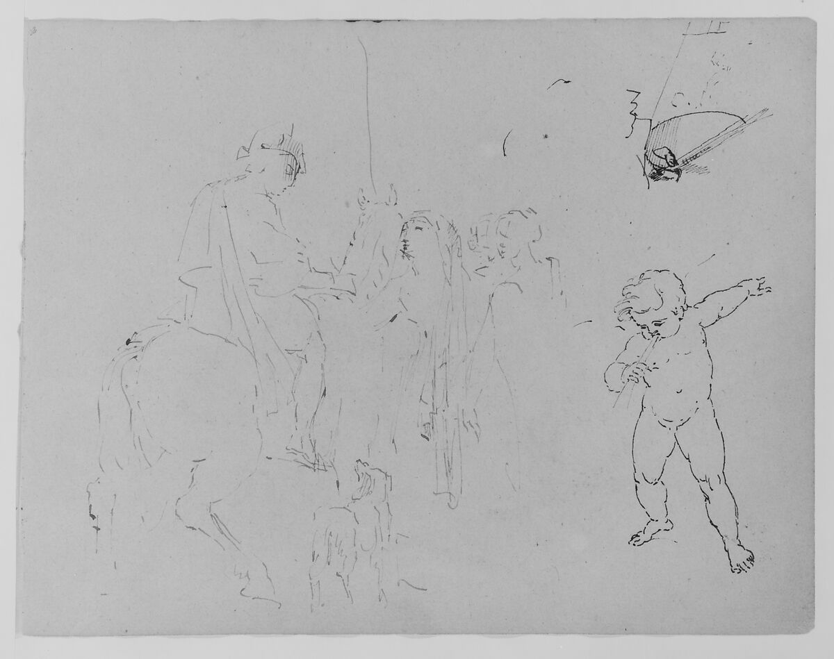 Standing Woman; Child Leaning by a Fishbowl; Weeping Putto; Mounted Soldier; Kicking Horse and Fallen Rider; Half-length Seated Figure; Rowboat (from Sketchbook), Thomas Sully (American, Horncastle, Lincolnshire 1783–1872 Philadelphia, Pennsylvania), Ink, wash, on paper, American 