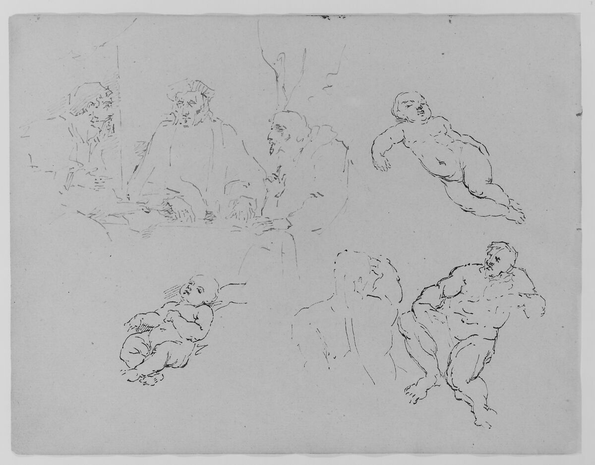Three Seated Men Conversing; Two Recumbent Children; Back of an Athlete; Seated Male Figure (from Sketchbook), Thomas Sully (American, Horncastle, Lincolnshire 1783–1872 Philadelphia, Pennsylvania), Ink, wash, on paper, American 