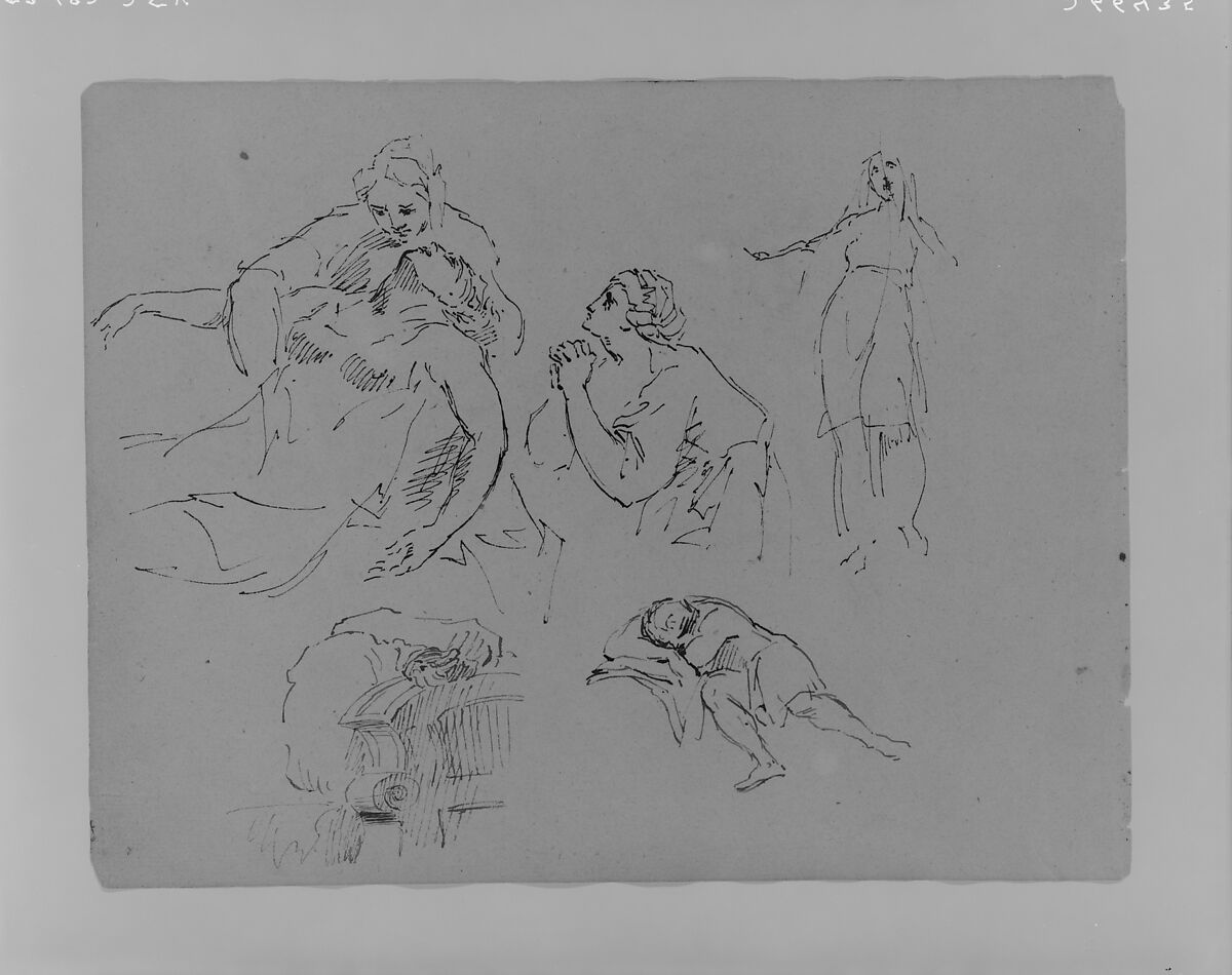 Dying Figure in the Arms of a Woman; Praying Woman; Standing Woman; Architectual Detail; Sleeping Figure (from Sketchbook), Thomas Sully (American, Horncastle, Lincolnshire 1783–1872 Philadelphia, Pennsylvania), Ink, wash, on paper, American 