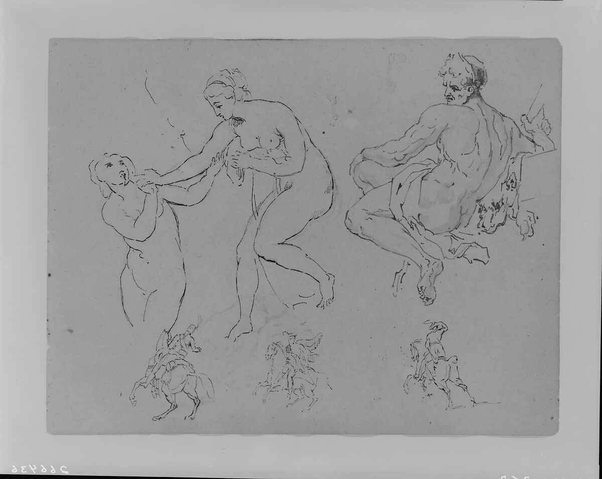 Two Female Nudes; Seated Male Nude (after Michelangelo?); Three Equestrian Figures (from Sketchbook), Thomas Sully (American, Horncastle, Lincolnshire 1783–1872 Philadelphia, Pennsylvania), Pen, iron-gaul ink and graphite on off-white laid paper, American