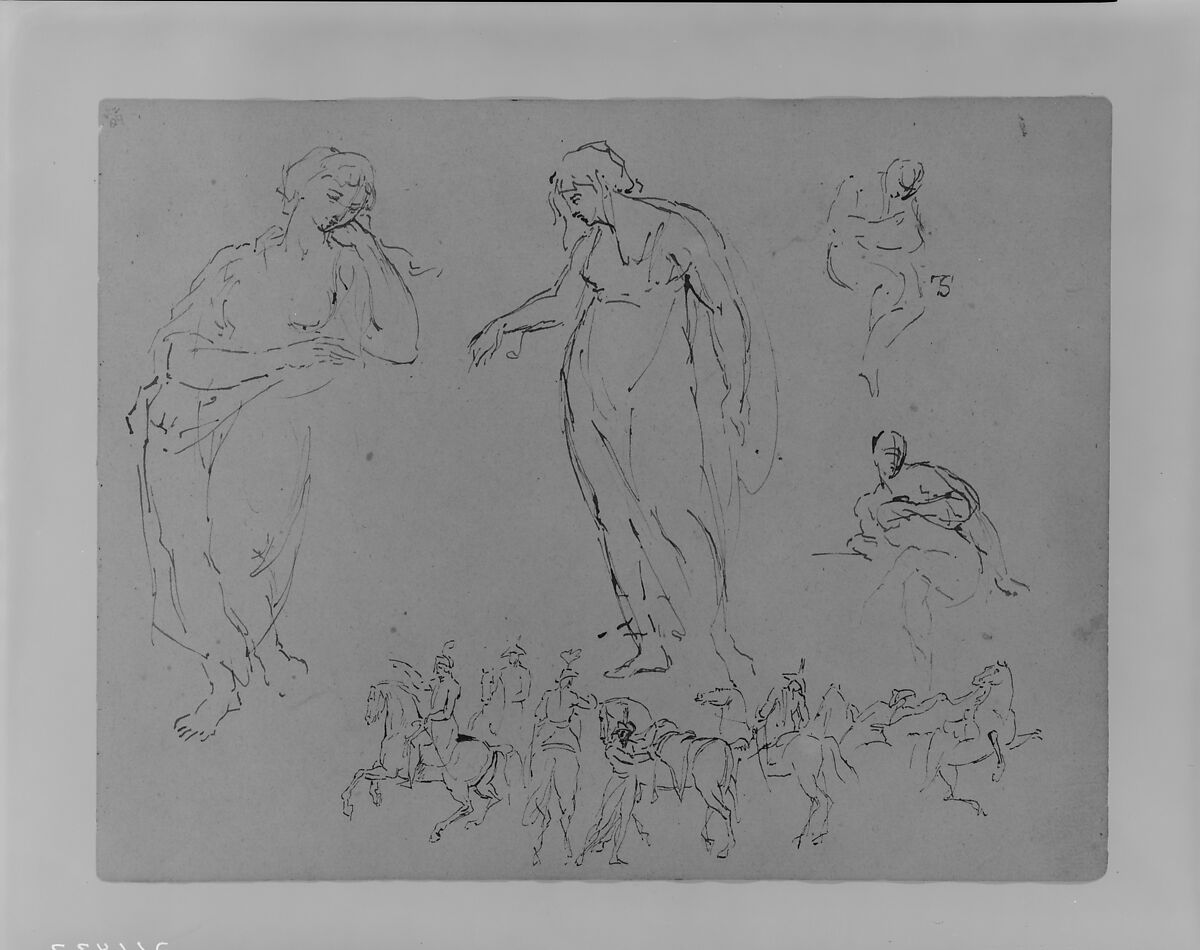Four Draped Figures; Six Equestrian Figures (from Sketchbook), Thomas Sully (American, Horncastle, Lincolnshire 1783–1872 Philadelphia, Pennsylvania), Ink, wash, on paper, American 