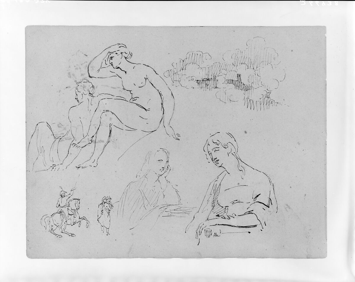 Study of Clouds; Two Female Nudes (after Michelangelo?); Two Half-length Female Portraits; Equestrian Figure with Two Men (from Sketchbook), Thomas Sully (American, Horncastle, Lincolnshire 1783–1872 Philadelphia, Pennsylvania), Ink, wash, on paper, American 