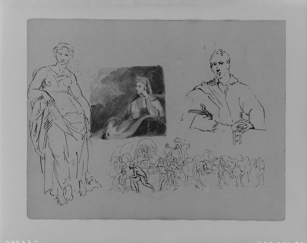 Standing Draped Female Figure; Portrait of a Cleric; Half-length Portrait of a Man; Figures with Wagons and Horses (Napoleon Scene?) (from Sketchbook), Thomas Sully (American, Horncastle, Lincolnshire 1783–1872 Philadelphia, Pennsylvania), Ink, wash, on paper, American 