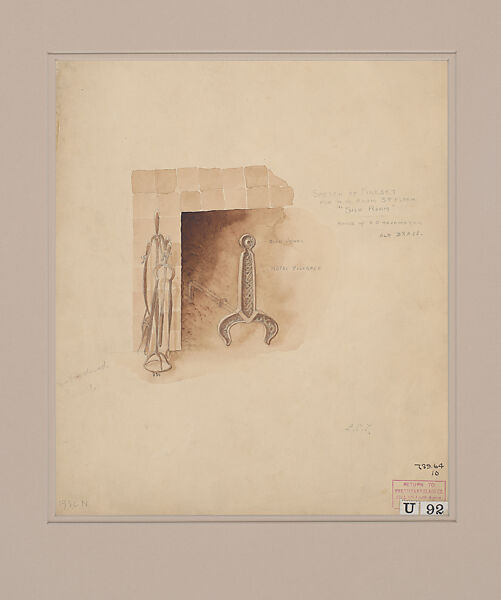 Sketch of fireset for third-floor silk room, H.O. Havemeyer house, New York, Louis C. Tiffany (American, New York 1848–1933 New York), Watercolor and graphite on paperboard, American