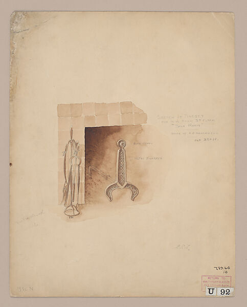 Sketch of fireset for third-floor silk room, H.O. Havemeyer house, New York, Louis C. Tiffany (American, New York 1848–1933 New York), Watercolor and graphite on paperboard, American