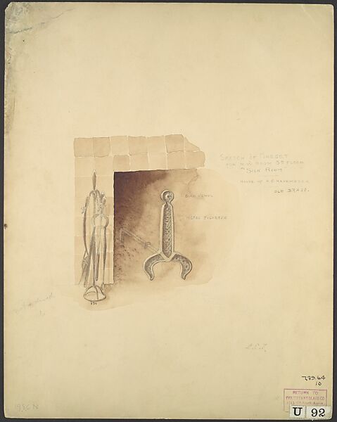 Sketch of fireset for third-floor silk room (H.O. Havemeyer house, 1 East 66th Street, New York, NY), Louis C. Tiffany (American, New York 1848–1933 New York), Watercolor and graphite on off-white wove paper-faced lightweight paper board, American 