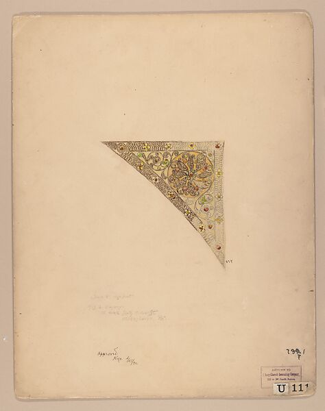Design for a filigree spandrel, Louis C. Tiffany  American, Ink and watercolor over graphite on paper, American