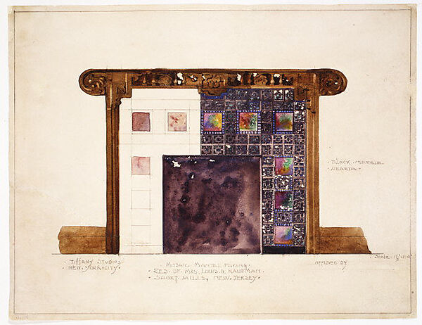 Design for mosaic mantel facing in residence of Mrs. Louis G. Kaufman, Short Hills, New Jersey, Louis C. Tiffany (American, New York 1848–1933 New York), Watercolor and graphite on off-white wove paper, American
