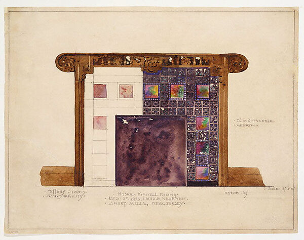 Design for mosaic mantel facing in residence of Mrs. Louis G. Kaufman, Short Hills, New Jersey, Louis C. Tiffany (American, New York 1848–1933 New York), Watercolor and graphite on off-white wove paper, American