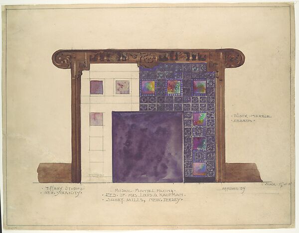 Design for mosaic mantel facing in residence of Mrs. Louis G. Kaufman, Short Hills, NJ, Louis C. Tiffany  American, Watercolor and graphite on off-white wove paper, American
