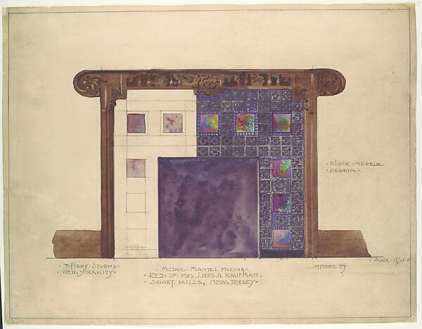 Design for mosaic mantel facing in residence of Mrs. Louis G. Kaufman, Short Hills, NJ, Louis C. Tiffany (American, New York 1848–1933 New York), Watercolor and graphite on off-white wove paper, American 