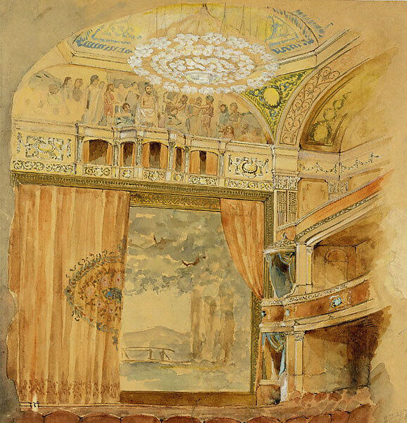 Design for Lyceum Theater, Louis C. Tiffany (American, New York 1848–1933 New York), Watercolor, pen and gold-colored bronze metallic ink, brown and black India ink, and graphite on tan-colored wove paper, American