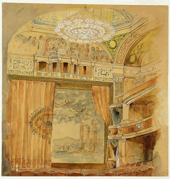 Design for Lyceum Theater, Louis C. Tiffany (American, New York 1848–1933 New York), Watercolor, pen and gold-colored bronze metallic ink, brown and black India ink, and graphite on tan-colored wove paper, American