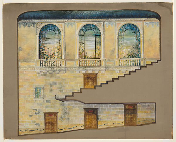 Suggestion for Decoration, Hershey Community Theater, Hershey, Pennsylvania, Louis C. Tiffany (American, New York 1848–1933 New York), Transparent and opaque watercolor, pen and black ink, aluminum paint and bronze powder ink, and graphite on artist board with original shaped window mat, American