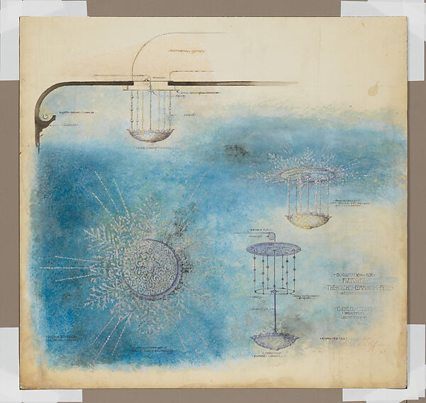 Suggestion for Fixtures and Ceiling Decoration for Hershey Community Theater, Hershey, Pennsylvania, Louis C. Tiffany (American, New York 1848–1933 New York), Transparent and opaque watercolor, metallic inks, colored pencil, aluminum paint, and graphite on artist board, American