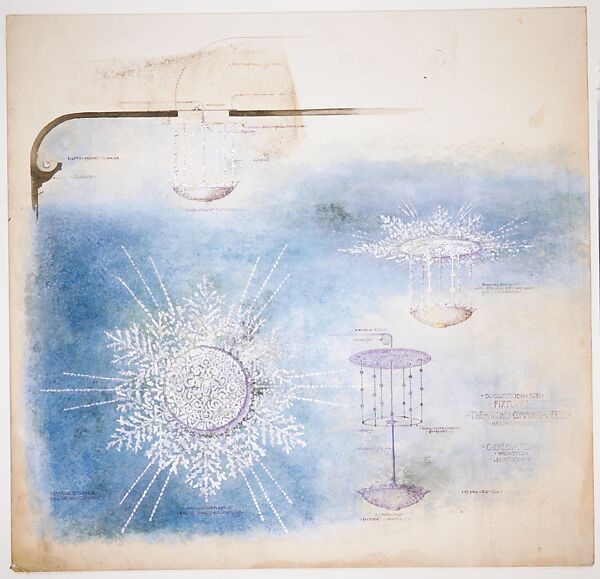 Suggestion for Fixtures and Ceiling Decoration for Hershey Community Theater, Hershey, Pennsylvania, Louis C. Tiffany (American, New York 1848–1933 New York), Transparent and opaque watercolor, metallic inks, colored pencil, aluminum paint, and graphite on artist board, American