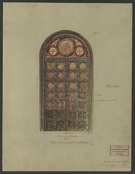 Design for bronze double doors, Louis C. Tiffany (American, New York 1848–1933 New York), Watercolor, gouache, brown India ink, and graphite on off-white wove paper on board in original light tan lunette-shaped window matt, American 