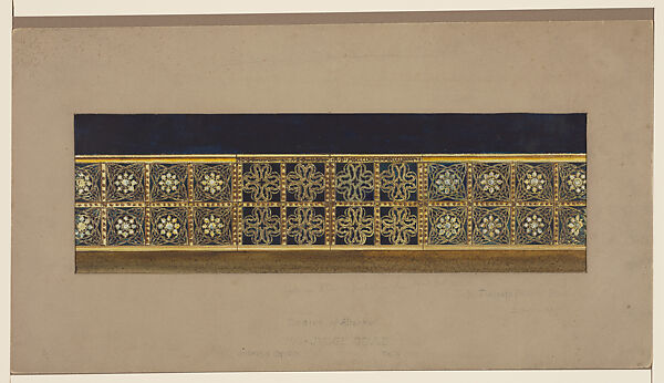 Design of Altar Rail, Mrs. Judge Gould, St.  PAULS CHURCH, TROY, NY, Louis C. Tiffany (American, New York 1848–1933 New York), Watercolor, pen and a variety of inks (metallic bronze, brown and black), and graphite on off-white wove paper-faced illustration board with original warm grey window mat, American