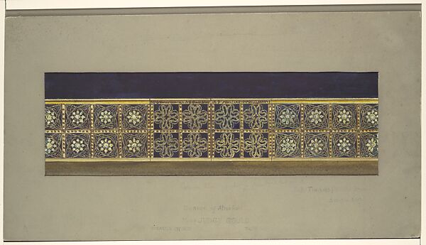 Design of  Altar Rail for St. Paul's Church, Troy, New York, Louis C. Tiffany (American, New York 1848–1933 New York), Watercolor, pen and a variety of inks—metallic bronze, brown and black, and graphite on off-white wove paper-faced illustration board with original warm grey window matt, American 