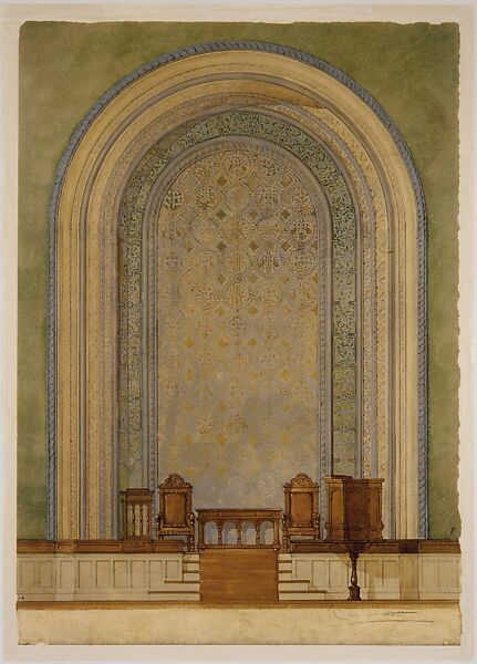 Design for Chancel wall for First Reformed Church, Albany, NY, Louis C. Tiffany (American, New York 1848–1933 New York), Watercolor, pen and ink, aluminum wash, and graphite on wove paper, American