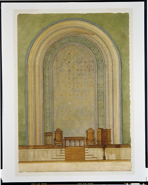 Design for Chancel wall for First Reformed Church, Albany, NY, Louis C. Tiffany (American, New York 1848–1933 New York), Watercolor, pen and ink, aluminum wash, and graphite on wove paper, American 