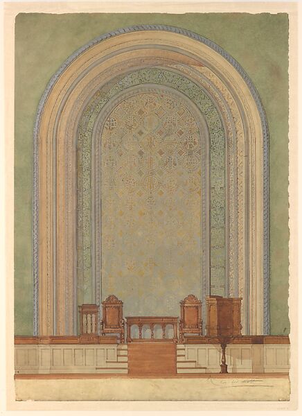 Design for Chancel wall for First Reformed Church, Albany, NY, Louis C. Tiffany (American, New York 1848–1933 New York), Watercolor, pen and ink, aluminum wash, and graphite on wove paper, American