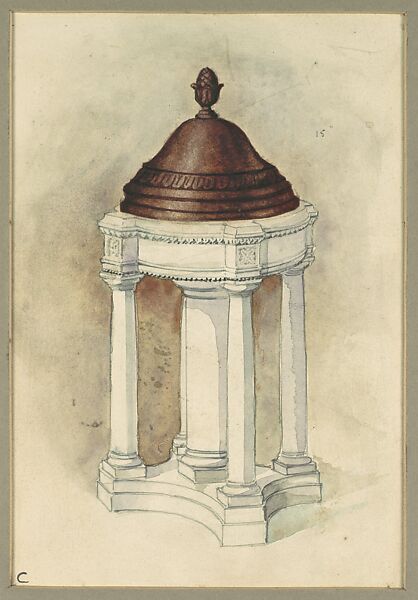 Design for Baptismal font, Louis C. Tiffany (American, New York 1848–1933 New York), Watercolor, pen and ink, and graphite on off-white wove paper or artist board in original warm grey window matt, American 