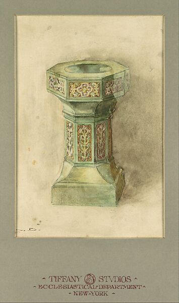 Design for baptismal font, Louis C. Tiffany (American, New York 1848–1933 New York), Watercolor, brown wash, and graphite on off-white wove paper (or artist board) in original warm grey matt, American 