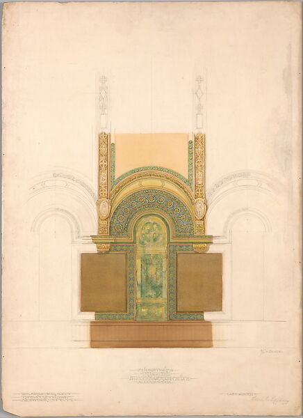 Suggestion for Decorations, St. John's Reformed Church, Allentown Pa., Louis C. Tiffany (American, New York 1848–1933 New York), Watercolor and pencil drawing on board, American 