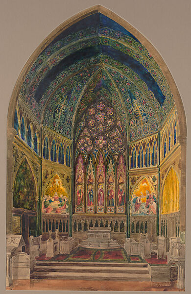 Design for chancel of Christ Church, Bedford Avenue, Brooklyn, New York, Jacob Holzer (American (born Switzerland), Péry 1858–1938 Florence, Italy), Watercolor, gum Arabic, gouache and graphite on tissue or tracing paper mounted on board, American 