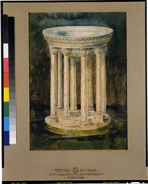 Design for a marble baptismal font, Madison Avenue Second Reformed Church, Albany, New York, Louis C. Tiffany (American, New York 1848–1933 New York), Transparent and opaque watercolor, pen and ink, and graphite on off-white wove paper (or artist board) in original warm grey window mat overmatted with an archival mat, American