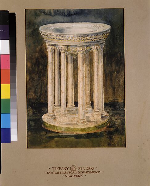 Design for a marble baptismal font, Madison Avenue Second Reformed Church, Albany, New York, Louis C. Tiffany (American, New York 1848–1933 New York), Transparent and opaque watercolor, pen and ink, and graphite on off-white wove paper (or artist board) in original warm grey window mat overmatted with an archival mat, American