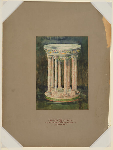 Design for a marble baptismal font, Madison Avenue Second Reformed Church, Albany, New York, Louis C. Tiffany (American, New York 1848–1933 New York), Transparent and opaque watercolor, pen and ink, and graphite on off-white wove paper (or artist board) in original warm grey window mat overmatted with an archival mat, American