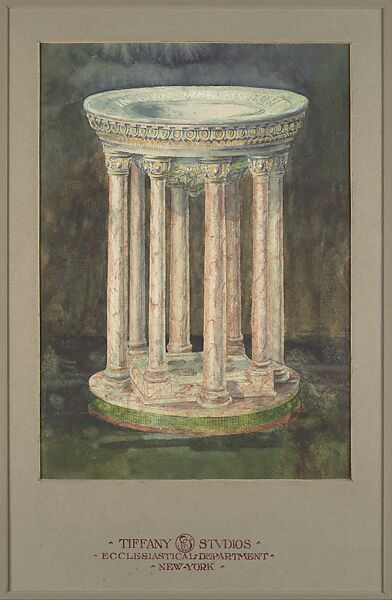 Design for a marble baptismal font, Louis C. Tiffany (American, New York 1848–1933 New York), Watercolor, gouache, pen and ink, and graphite on off-white wove paper (or artist board) in original warm grey window matt -overmatted with an archival matt, American 