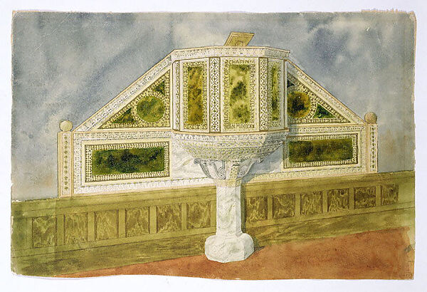 Design for marble pulpit, St. Paul's Universalist Church, Meriden, Connecticut, Louis C. Tiffany (American, New York 1848–1933 New York), Watercolor, glazing media, pen and inks, including brown ink and bronze metallic ink, and graphite on off-white wove paper, American