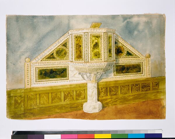 Design for marble pulpit, St. Paul's Universalist Church, Meriden, Connecticut, Louis C. Tiffany (American, New York 1848–1933 New York), Watercolor, glazing media, pen and inks, including brown ink and bronze metallic ink, and graphite on off-white wove paper, American